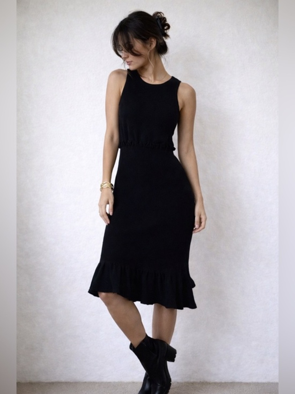 Ronny Kobo Black Knit Midi Dress Sleeveless Ruffle Hem Medium Minimalist Capsule